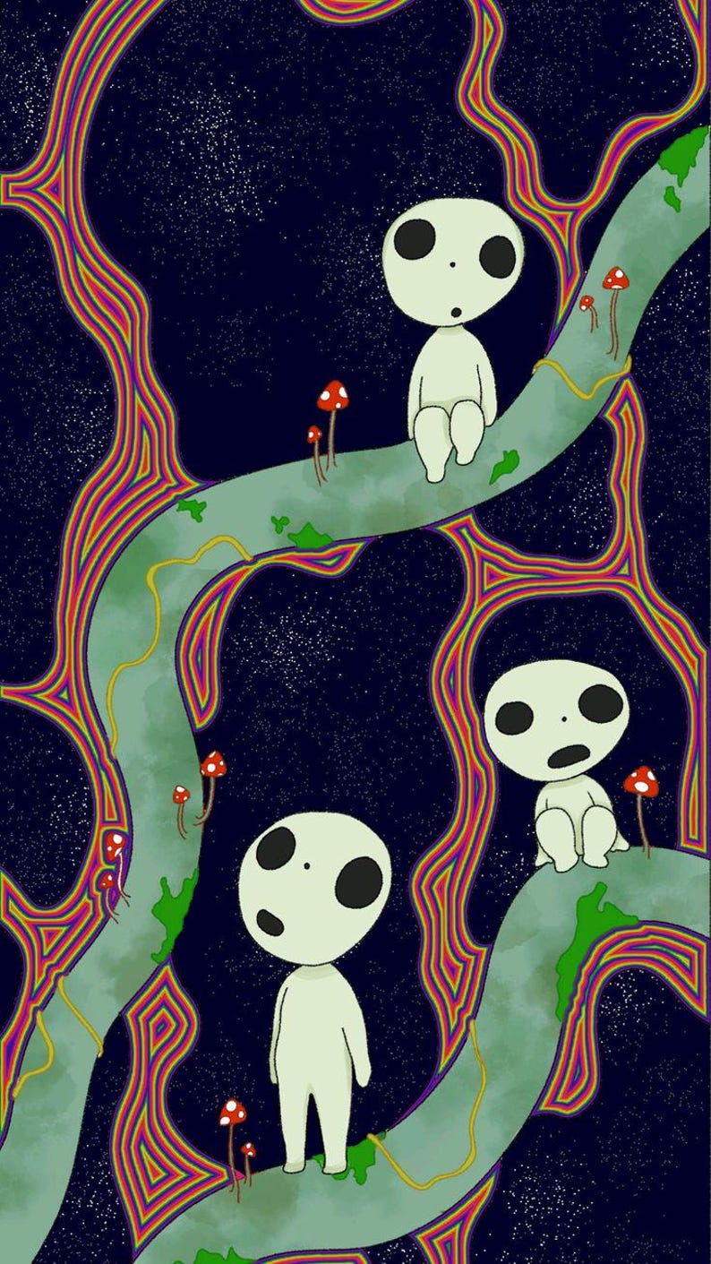 May include: A digital illustration featuring three white, round-headed figures with large black eyes sitting and standing on thick, light green branches outlined in vibrant rainbow-colored lines against a dark blue, starry night sky background.