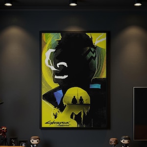 May include: A rectangular wall poster featuring a dark silhouette of a person with a geometric pattern on their head against a bright yellow background. The Cyberpunk Edgerunners logo is printed in the bottom left corner of the artwork.