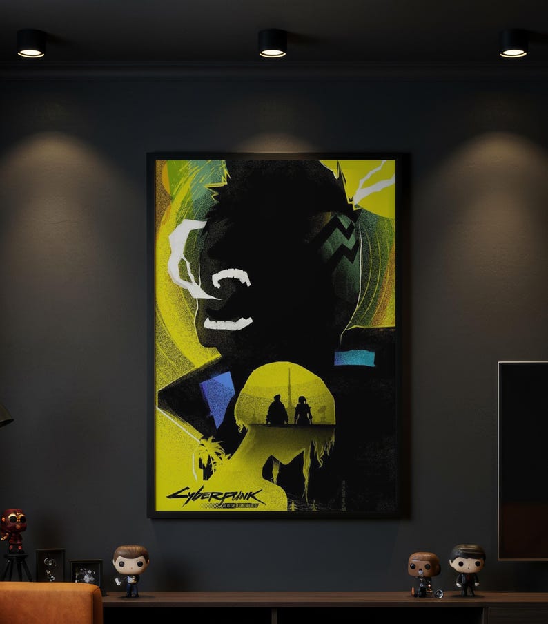May include: A rectangular wall poster featuring a dark silhouette of a person with a geometric pattern on their head against a bright yellow background. The Cyberpunk Edgerunners logo is printed in the bottom left corner of the artwork.