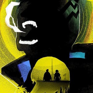 May include: A graphic poster featuring a large black silhouette of a person's head with a smoking mouth, layered over a bright yellow background. Inside the silhouette is a smaller scene of two figures looking at a city skyline. Text reads Cyberpunk Edgerunners.