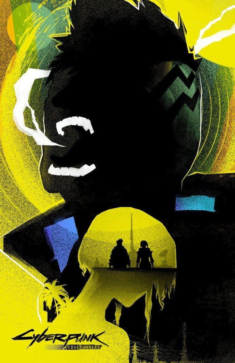 May include: A graphic poster featuring a large black silhouette of a person's head with a smoking mouth, layered over a bright yellow background. Inside the silhouette is a smaller scene of two figures looking at a city skyline. Text reads Cyberpunk Edgerunners.
