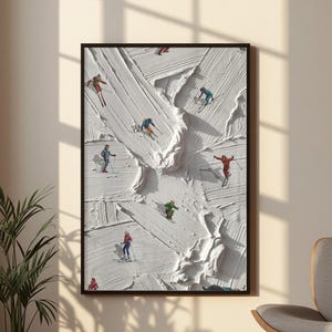 May include: A rectangular wall art print featuring a textured white impasto background that mimics snow, with several small figures of skiers in colorful outfits scattered across the surface, each depicted in various skiing poses and positions.