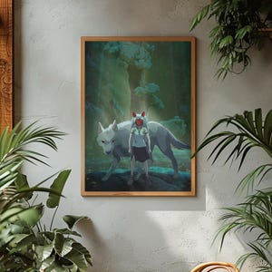 May include: Framed art print featuring an anime-style illustration of a girl with a red mask and a white wolf in a forest setting. The artwork has a soft, dreamlike quality with muted colors and a wooden frame.