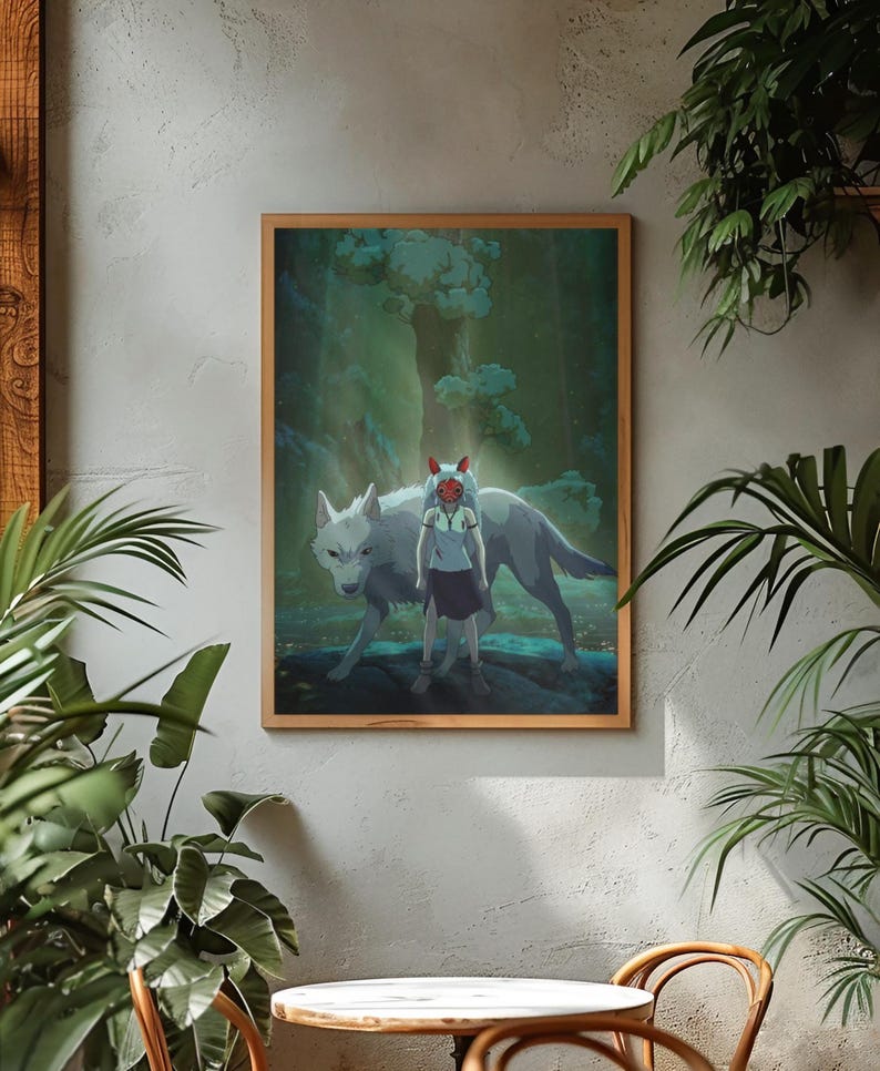 May include: Framed art print featuring an anime-style illustration of a girl with a red mask and a white wolf in a forest setting. The artwork has a soft, dreamlike quality with muted colors and a wooden frame.