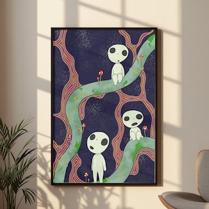 May include: A framed rectangular wall art print featuring three white, round-headed figures with large black eyes and mouths. They are positioned on winding, light green branches against a dark blue, speckled background with orange and yellow lines.
