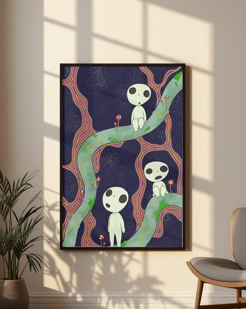May include: A framed rectangular wall art print featuring three white, round-headed figures with large black eyes and mouths. They are positioned on winding, light green branches against a dark blue, speckled background with orange and yellow lines.