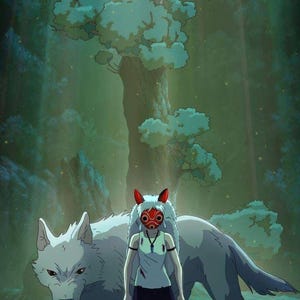 May include: An animated illustration of a young person wearing a red and white mask, standing in front of a large white wolf. The background is a lush green forest with tall trees and dappled sunlight.