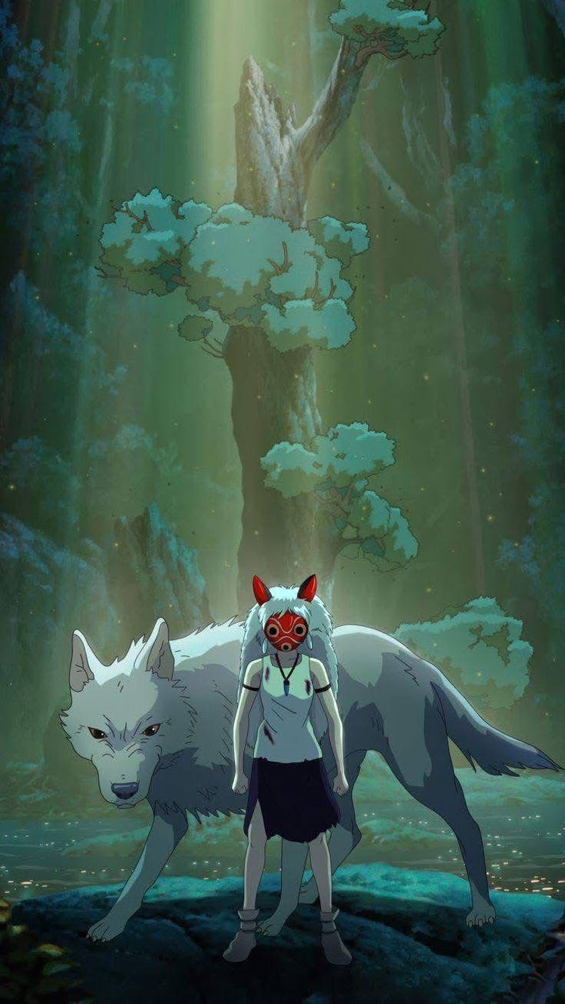 May include: An animated illustration of a young person wearing a red and white mask, standing in front of a large white wolf. The background is a lush green forest with tall trees and dappled sunlight.