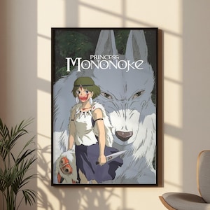 Princess Mononoke Poster, San and White Wolf Wall Art, Studio Ghibli Anime Print, Kodama Forest Spirit Decor, Hayao Miyazaki Gift Poster image 1