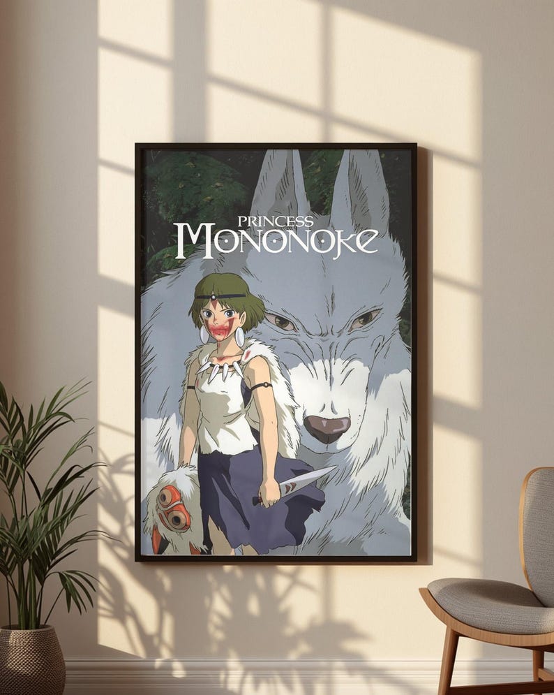 Princess Mononoke Poster, San and White Wolf Wall Art, Studio Ghibli Anime Print, Kodama Forest Spirit Decor, Hayao Miyazaki Gift Poster image 1