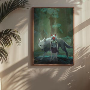 May include: A framed art print featuring a fantasy illustration. The artwork depicts a girl with a wolf, set against a forest backdrop. The girl wears a mask with red accents. The color palette includes greens, whites, and browns.