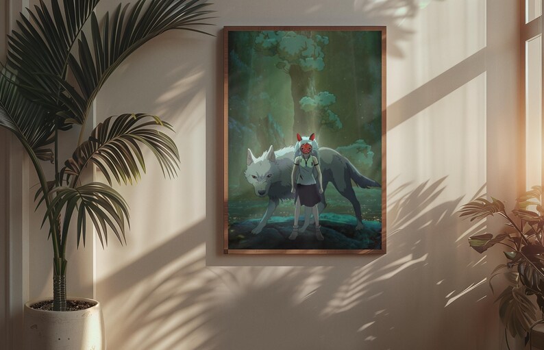 May include: A framed art print featuring a fantasy illustration. The artwork depicts a girl with a wolf, set against a forest backdrop. The girl wears a mask with red accents. The color palette includes greens, whites, and browns.