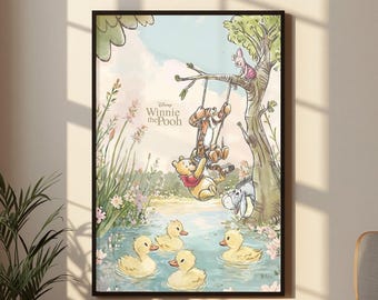 Winnie the Pooh Poster, Disney Wall Art, Pooh Tigger Piglet Eeyore Print, Duck Pond Nursery Decor, Classic Kids Room Artwork Gift Poster