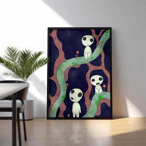 May include: A framed rectangular wall art print featuring three pale, round-headed figures with large black eyes and mouths sitting on or standing near light green, winding branches against a dark blue, speckled background with red mushrooms.