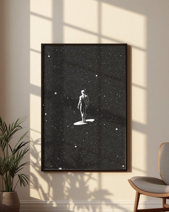 Silver Surfer Poster, Marvel Cosmic Wall Art, Black White Space Print, Galaxy Superhero Decor, Comic Book Room Artwork, Marvel Gift Poster