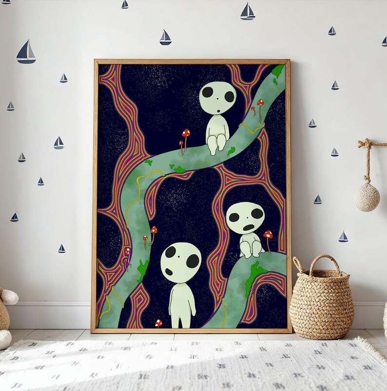 May include: A rectangular framed wall art print featuring three pale, round-headed figures with large black eyes sitting and standing on winding green branches against a dark blue starry background with red mushrooms and colorful abstract line patterns.