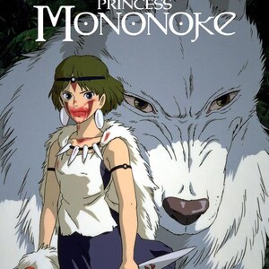 May include: A poster for Princess Mononoke featuring a character with short brown hair, a white fur cape, and a blue skirt, holding a knife and a mask. Behind the character is a large white wolf. The text Princess Mononoke is at the top.