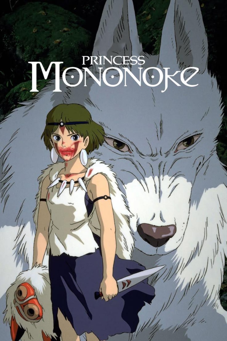 May include: A poster for Princess Mononoke featuring a character with short brown hair, a white fur cape, and a blue skirt, holding a knife and a mask. Behind the character is a large white wolf. The text Princess Mononoke is at the top.