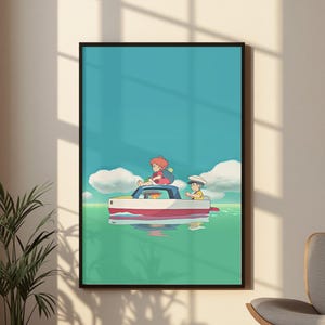 Ponyo Poster, Studio Ghibli Wall Art, Sosuke Boat Ocean Print, Anime Nursery Decor, Kids Room Bedroom Artwork Gift Coastal Wall Poster Art