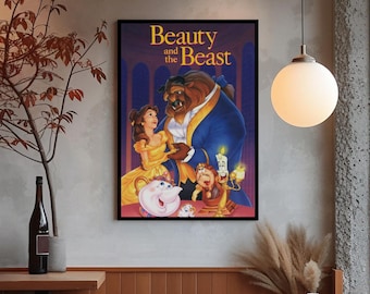 Plakat Piękna i Bestia, Klasyczna sztuka ścienna Disneya, Dekoracja pokoju dziewczęcego, Grafika Belle Beast, Pani Imbryk, Film animowany, Prezent do sypialni