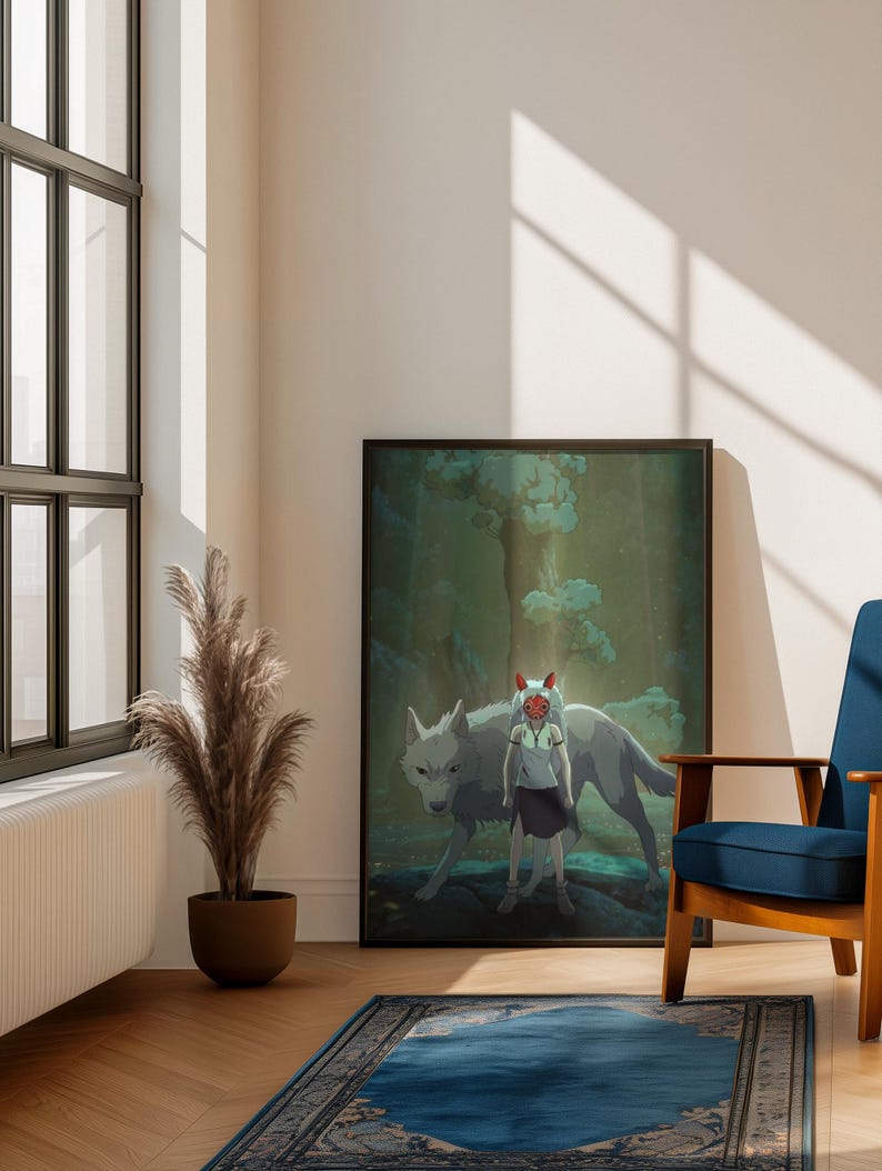May include: Framed art print featuring a girl with a wolf in a forest setting. The artwork has a dark green and blue color palette. The girl wears a white top, dark skirt, and a red mask. The wolf is white with a gray outline.