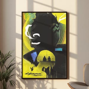 May include: A rectangular wall poster featuring a dark silhouette of a character against a bright yellow background. The artwork includes the Cyberpunk Edgerunners logo at the bottom, with smaller silhouettes of two figures standing in the lower center.