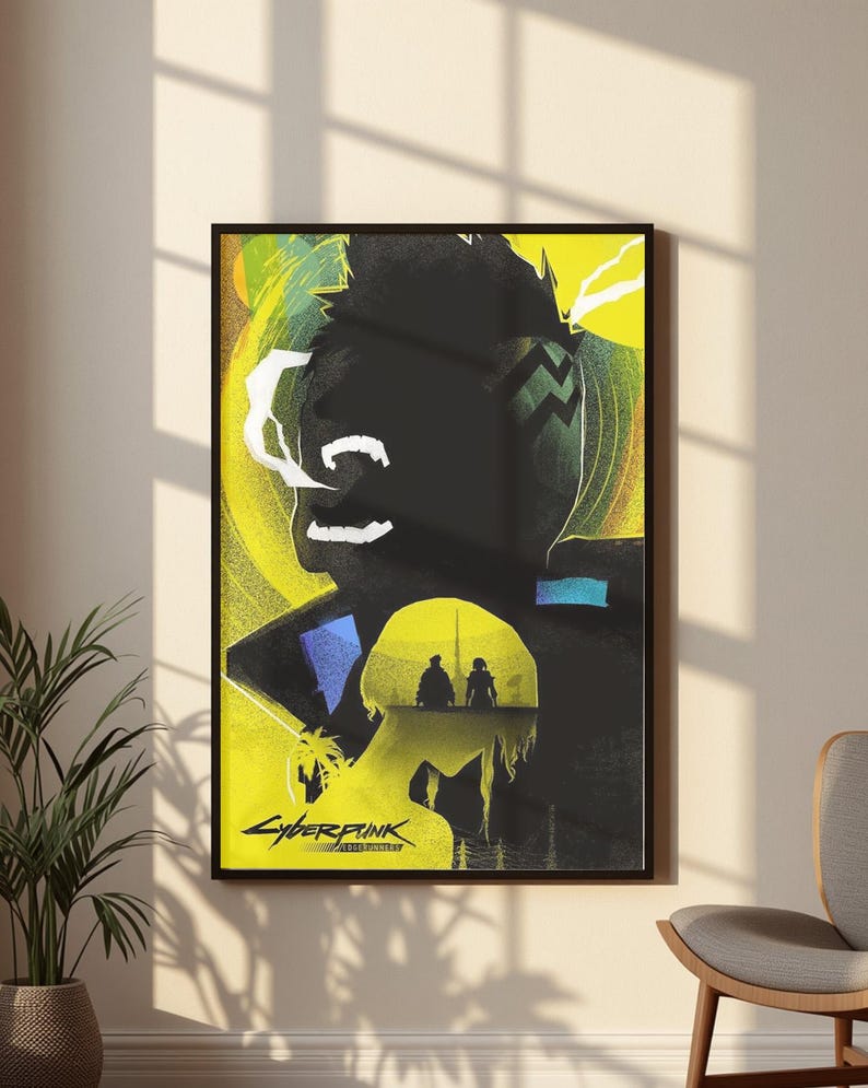 May include: A rectangular wall poster featuring a dark silhouette of a character against a bright yellow background. The artwork includes the Cyberpunk Edgerunners logo at the bottom, with smaller silhouettes of two figures standing in the lower center.