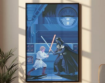 Star Wars Pixel Art Poster Luke Skywalker vs Darth Vader Wall Art, Retro Gaming Print, Death Star Battle Decor, Sci Fi Pixel Artwork