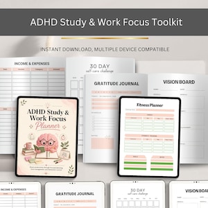Puede incluir: Kit de herramientas digital ADHD Study & Work Focus con múltiples plantillas de planificador. Incluye un planificador de fitness, diario de gratitud, tablero de visión y rastreador de ingresos y gastos. Descarga instantánea.