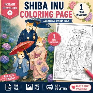 Op de afbeelding: Een digitale Shiba Inu kleurplaat met drie honden in traditionele Japanse kleding met paraplu's in een hortensiatuin. De afbeelding bevat de tekst: SHIBA INU COLORING PAGE, JAPANESE RAINY DAY, 1 PAGE INCLUDED, RELAX & ENJOY!