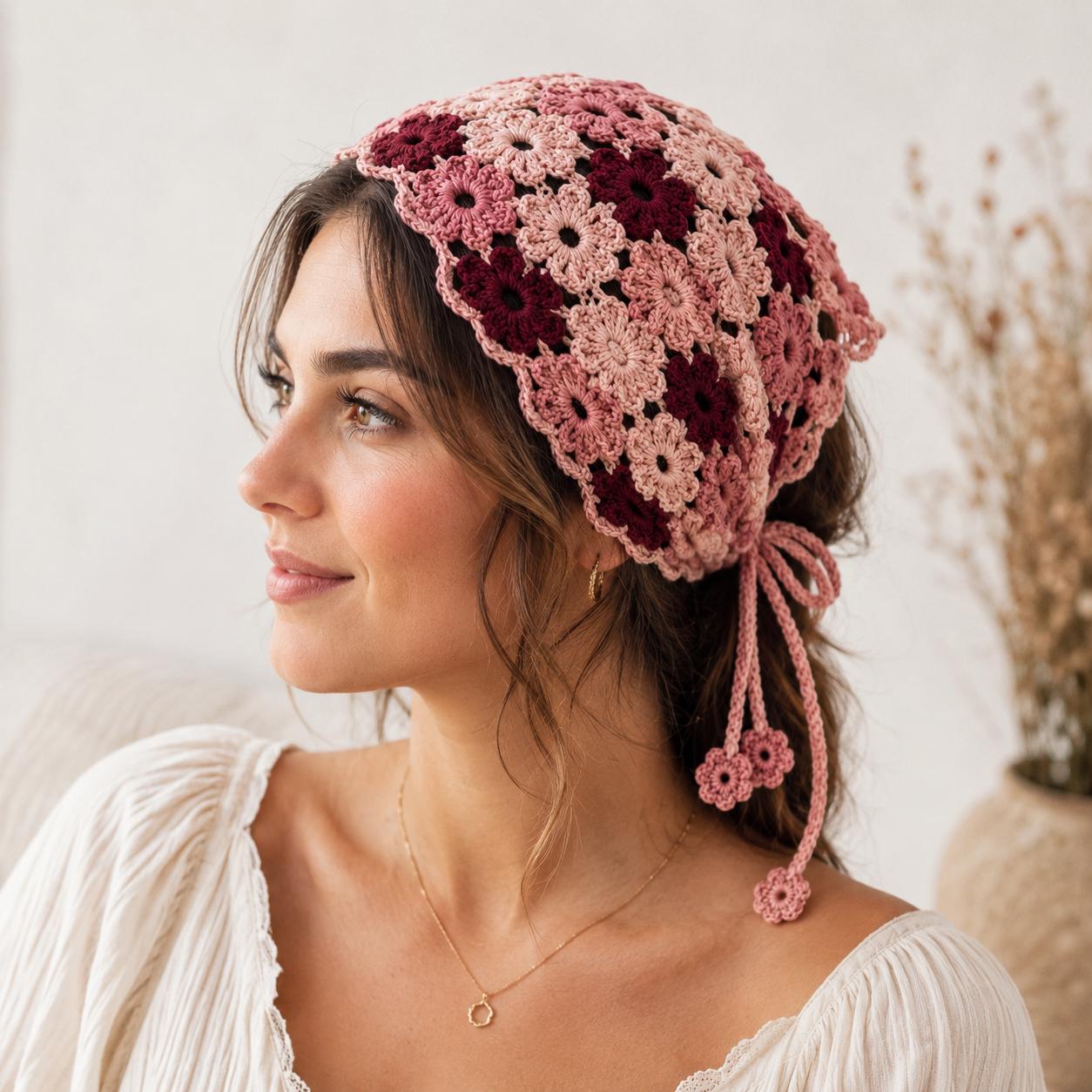 38 Head Scarf Crochet Patterns for Bandanas, Kerchiefs, and Stylish Wraps 4 Wildflower Bandana Easy Cottagecore Crochet Gift