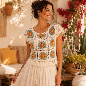May include: Cream-colored crochet top with colorful floral squares. The top has short sleeves and a scalloped hem. The woman is wearing a long, cream-colored skirt. The background includes plants and a wooden table.