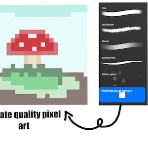 Könnte beinhalten: Pixel-Art-Illustration eines roten Pilzes mit weißen Punkten, vor hellblauem Himmel und grünem Gras. Das Bild zeigt auch eine digitale Kunstoberfläche mit Pinseloptionen und dem Text "Create quality pixel art."