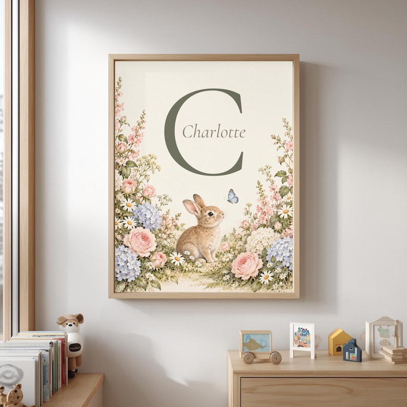 Editable Bunny Nursery Prints, Personalized Baby Girl Wall Art (digital ...
