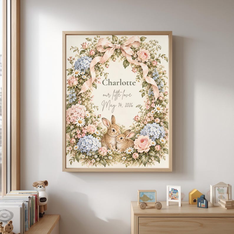 Editable Bunny Nursery Prints, Personalized Baby Girl Wall Art (digital ...
