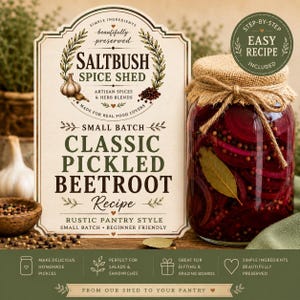 Puede incluir: Un tarro de remolacha encurtida clásica con una etiqueta de estilo despensa rústica. La etiqueta dice "Saltbush Spice Shed" y "Classic Pickled Beetroot Recipe". El tarro está sellado con una tapa de arpillera y cuerda. La imagen incluye texto que dice "Easy Recipe Included".