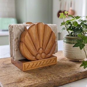 Vintage Signed Solid Wood Clam Shell Napkin Holder | Seashell Letter Organizer with Pearls | Coastal Beach House Decor | Dated 1998