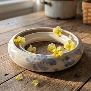 Peut inclure: Un récipient en céramique blanc cassé de forme circulaire en anneau, orné d'un motif floral bleu peint à la main. L'objet est décoré de plusieurs petites fleurs de pensée jaune vif disposées sur les bords intérieurs et extérieurs.