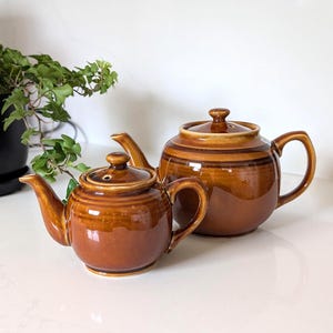 Vintage Brown Betty Teapots Set of 2 | Classic Glazed Striped Ceramic Teapot Pair | Cottagecore Tea Set | Kitchen Shelf Decor