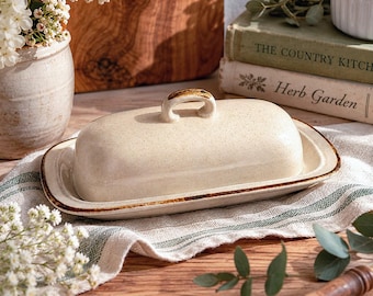 Beurrier japonais vintage en grès, beurrerie en céramique mouchetée, poterie japonaise des années 1970, décoration de cuisine de ferme rustique, moderne bio
