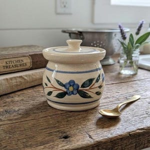 Vintage Ceramic Sugar Jar with Lid | Rustic Stoneware Kitchen Canister | Hand Painted Cottagecore Farmhouse Storage Pot