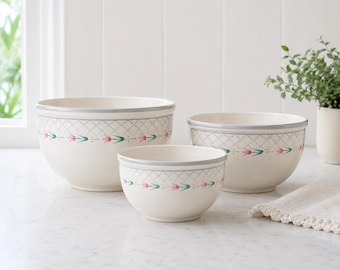 Vintage Savoir Vivre Flower Garden Nesting Bowls - Set of 3 | Ceramic Mixing Bowls Tulip Trellis Pattern | Cottagecore Kitchen Decor