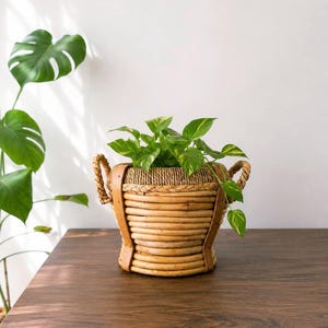 Vintage Handmade Rattan Basket Planter with Wood Frame | Boho Plant Holder | Cottagecore Home Decor | Natural Fiber Basket