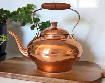 Vintage Copper Tea Kettle Made in Portugal | Mid Century Modern Copper Teapot with Brass Handle & Wood Grip | Rustic Farmhouse Kitchen Decor