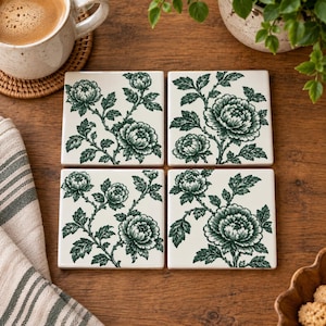 May include: A set of four square ceramic coasters featuring a dark green botanical floral pattern on a cream background. Each coaster displays a detailed illustration of blooming flowers and leafy stems, arranged in a consistent, repeating design.