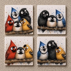 May include: A set of four square coasters featuring illustrations of various birds including red cardinals, blue jays, black crows, and yellow finches perched on branches. Each coaster displays a different grouping of these colorful birds.