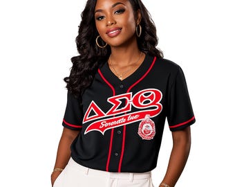 Official Licensed Delta Sigma Theta Sorority Design Baseball Jersey, Premium Embroidered Greek Letter ΔΣΘ Button Front Shirt