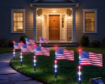 8 st solcellslampor med amerikansk flagga; patriotiska trädgårdspinnar utomhus för 4 juli, Memorial Day, Veterans Day-dekorationer