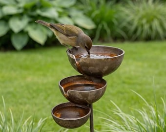 Metal Rain Catcher Garden Stake - Rusty Bird Bath & Bee Feeder Gift