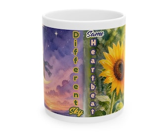 Different Sky Same Heartbeat ceramic mug | sunflower sunset owl illustration
